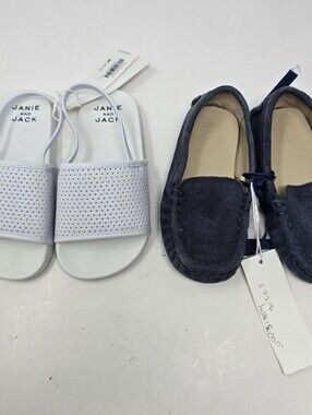 Janie And Jack Toddler Boys Size 8 Leather Loafers White Slides Sandals Bundle